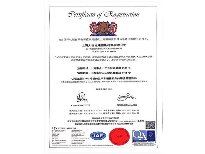 大巨龙ISO14001环境体系证书
